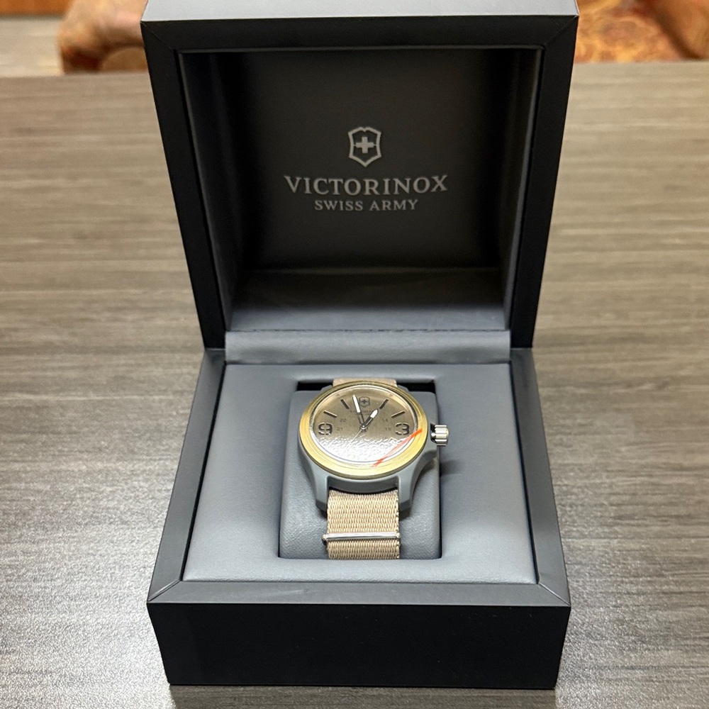 Victorinox Men's Watch with Gold Bezel and Tan Strap 241516